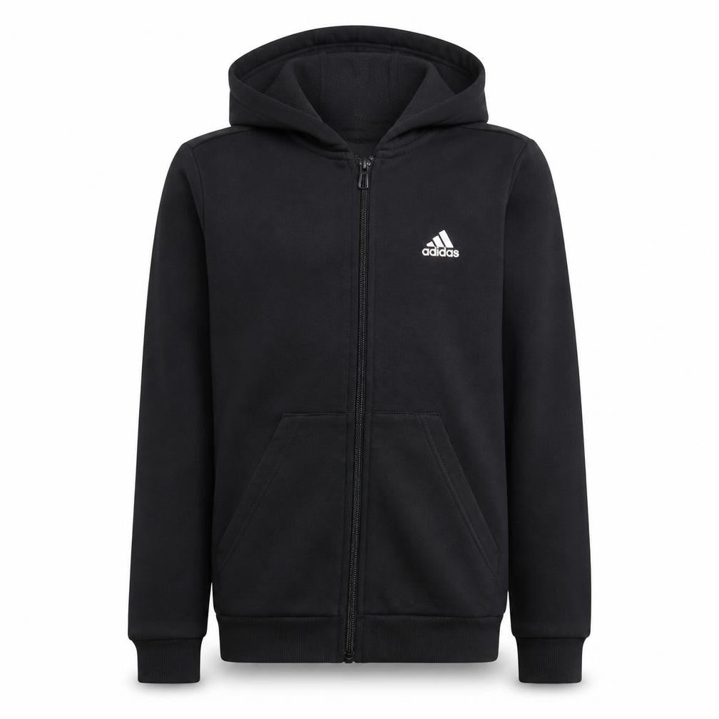 Front view of Adidas boys’ black full zip hoodie, size 11-12, years cotton blend