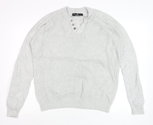 CODE Men's Grey Cotton Henley Jumper L Long Sleeve Knit Stylish Casual