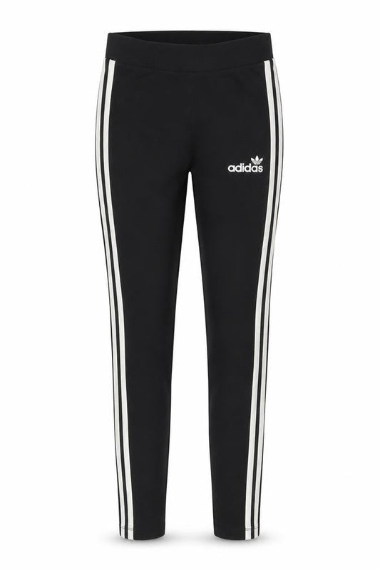 Front view of Adidas women’s black, size UK 8 slim, fit 3-stripes leggings