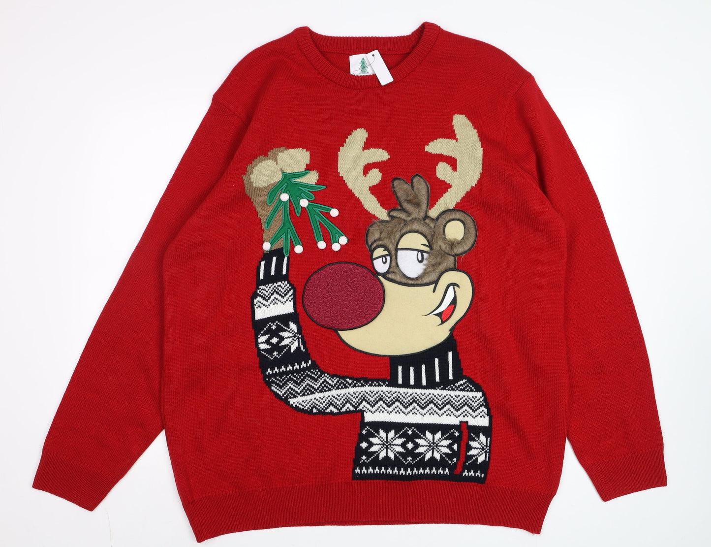 George Men Red Reindeer Christmas Jumper 2XL Crew Neck Knit