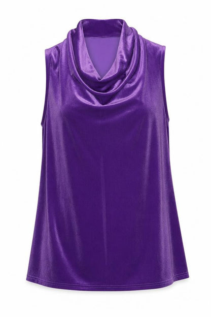 Front view of Gallery Women’s Purple Velvet Cowl Neck Sleeveless Top, size L
