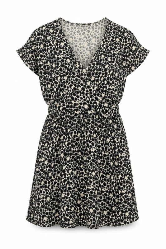 Front view of French Connection women’s black animal print sleeveless wrap dress, size UK 10