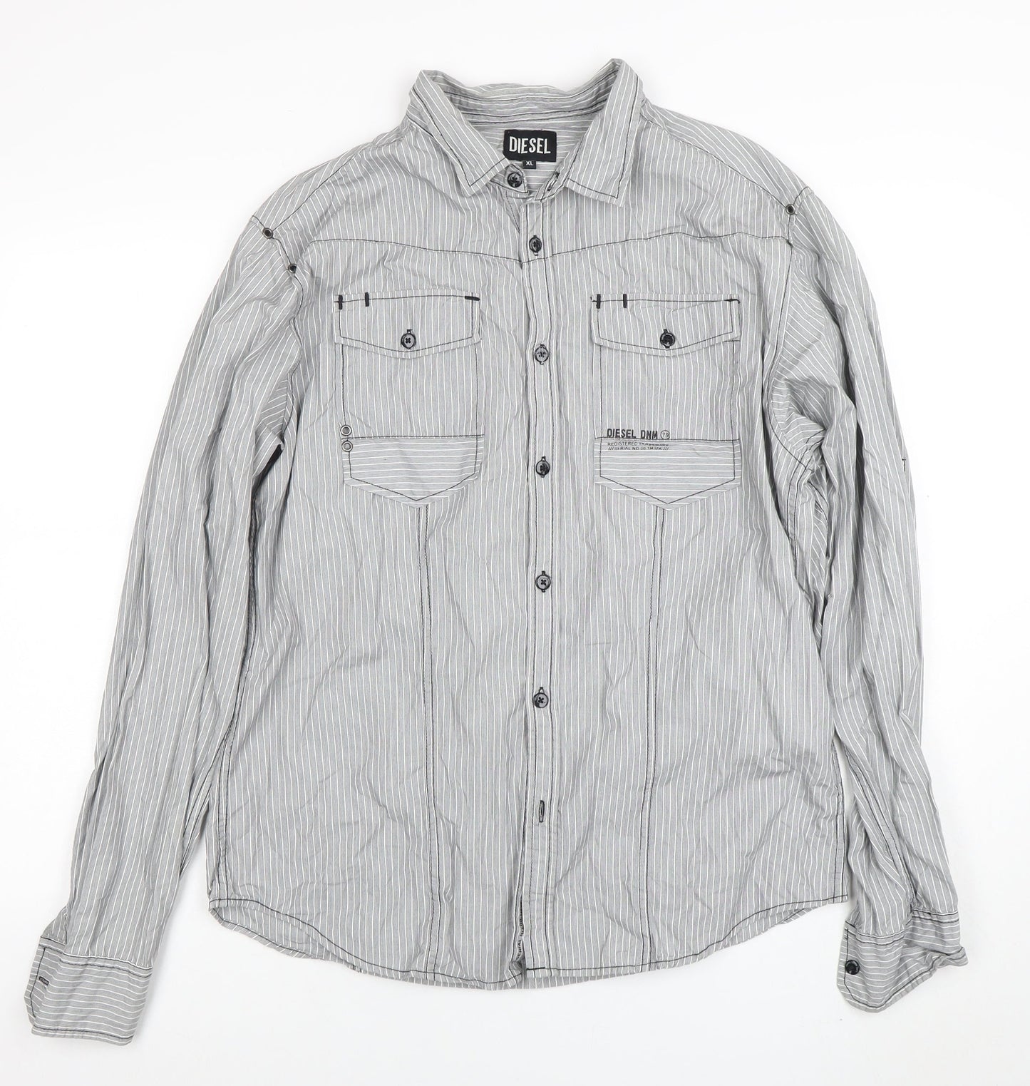 Diesel Men’s Grey Striped Cotton Long Sleeve Button-Up Shirt XL