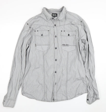 Diesel Men’s Grey Striped Cotton Long Sleeve Button-Up Shirt XL
