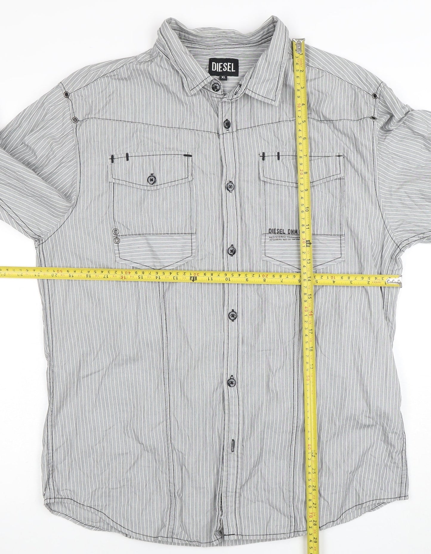 Diesel Men’s Grey Striped Cotton Long Sleeve Button-Up Shirt XL