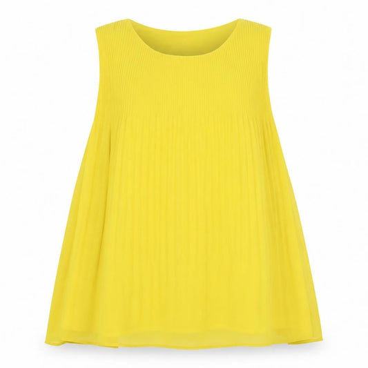 Front view of Gerard women’s yellow sleeveless pleated tunic blouse, size S