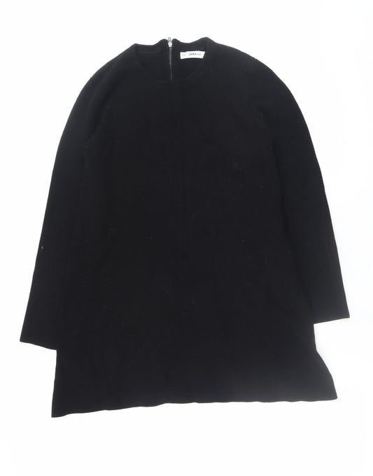 Zara Women Black Knit Shift Dress L Long Sleeve Round Neck