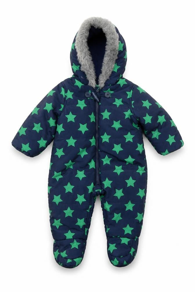 Front view of Tu unisex baby blue star print hooded snowsuit 3-6 months winter padded