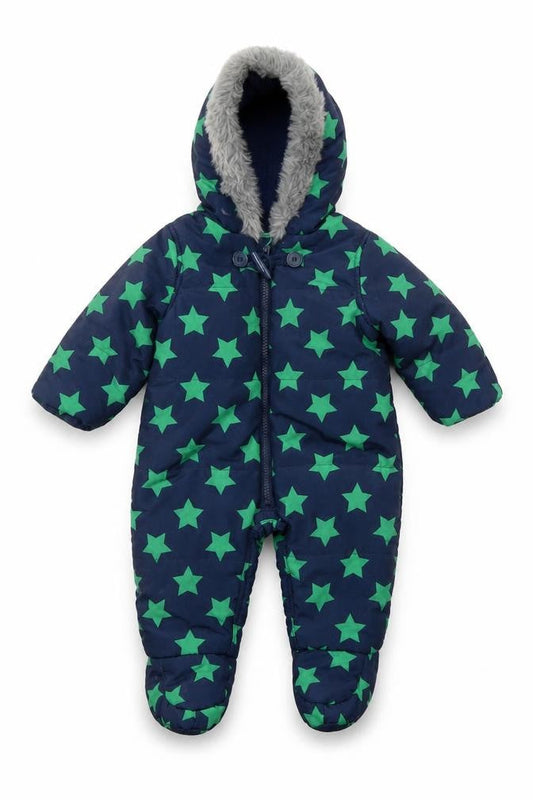 Front view of Tu unisex baby blue star print hooded snowsuit 3-6 months winter padded