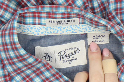 Original Penguin Men's Blue Checked Heritage Slim Fit Long Sleeve Shirt M