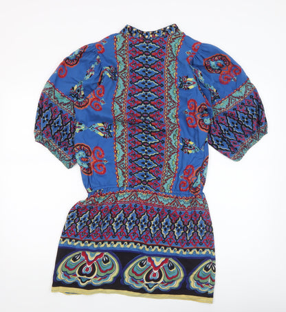 Womens UK Size S Apricot Blue Tunic Blouse