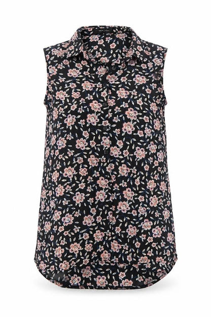 New Look Women's Black Floral Sleeveless Collared Blouse Size 8