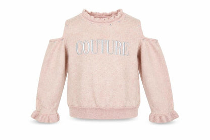 Front view of River Island girls’ pink 'couture' cold shoulder ruffle knit top 7-8 years