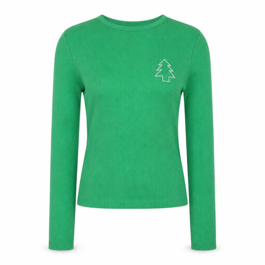 Front view of Missguided Women's Green Ribbed Christmas Long Sleeve Slim Fit Top S