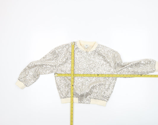 River Island Girls Silver Sequin Bomber Jacket 7-8 Years Party Outerwear