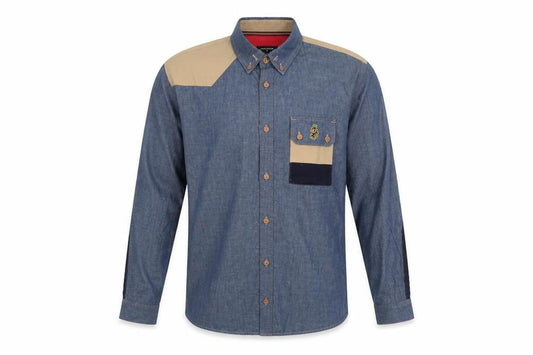Front view of Luke Men's Blue Beige Colourblock Button-Up Shirt Medium Cotton Long Sleeve