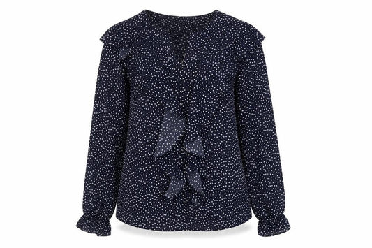 Front view of Gallery women’s blue polka dot ruffle long sleeve blouse, size UK 10