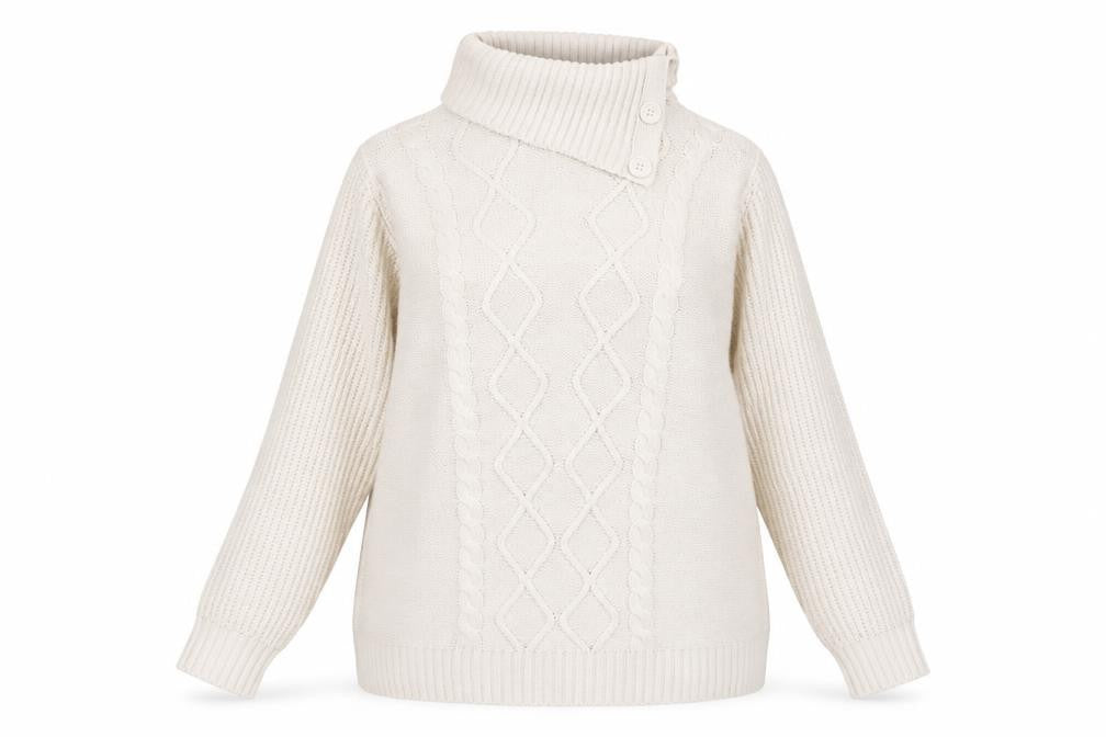 Front view of Atlas for Women Beige Cable Knit Long Sleeve Acrylic Jumper UK 12-14