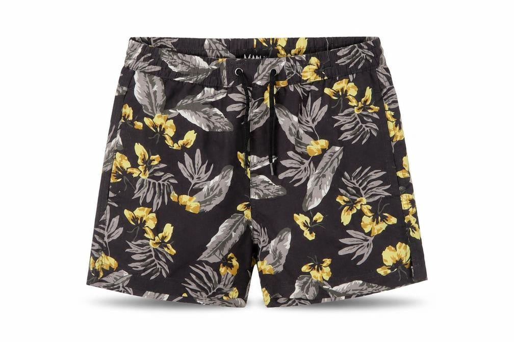 Front view of boohooMAN Men's Black Floral Swim Shorts S Quick Dry Festival Style