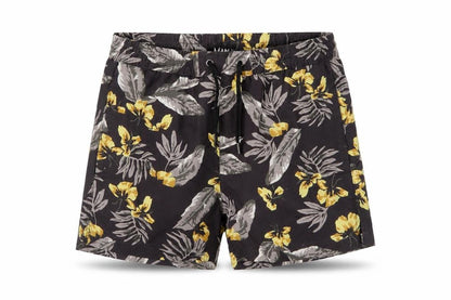 Front view of boohooMAN Men's Black Floral Swim Shorts S Quick Dry Festival Style