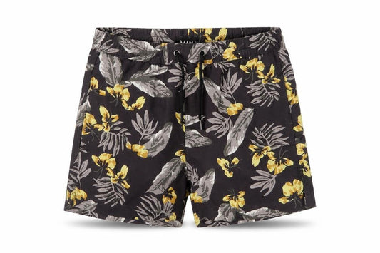 Front view of boohooMAN Men's Black Floral Swim Shorts S Quick Dry Festival Style