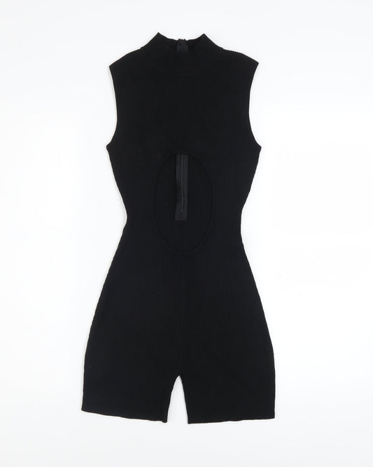 PrettyLittleThing Women Black Sleeveless Cut Out Ribbed Playsuit Size S