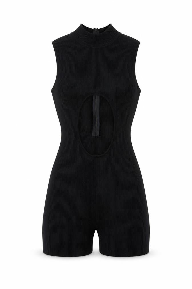 PrettyLittleThing Women Black Sleeveless Cut Out Ribbed Playsuit Size S