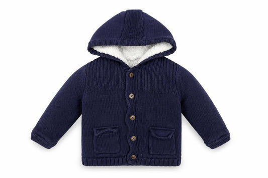 Front view of Marks & Spencer unisex baby navy hooded knitted jacket 12-18 months lined cotton