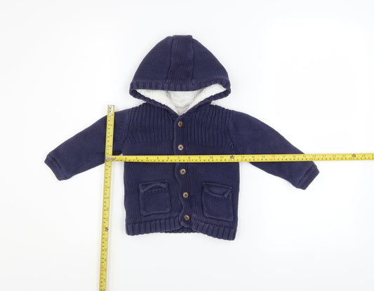 Marks and Spencer Unisex Baby Navy Hooded Knitted Jacket 12-18 Months Lined Cotton