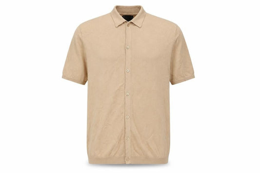 Front view of ASOS DESIGN Men’s Beige Cotton Short Sleeve Button-Up Shirt L Tall