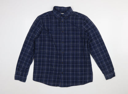 Marks and Spencer Men's Blue Check Flannel Button-Up Shirt L Regular Fit