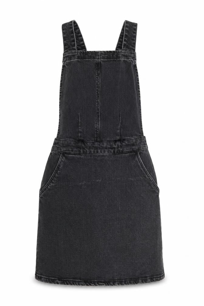 Front view of ASOS Women Black Denim Pinafore Dress, size 8, Casual Stretch