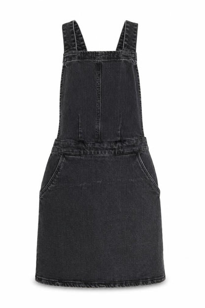 Front view of ASOS Women Black Denim Pinafore Dress, size 8, Casual Stretch