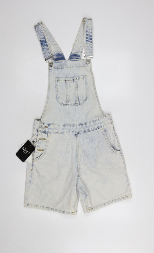 boohooMAN Men Blue Denim Acid Wash Short Dungarees XS