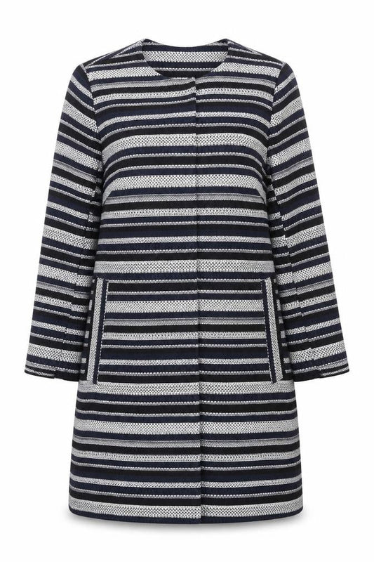 Front view of Gallery Women’s Blue Striped Mid-Length Overcoat, size UK 14