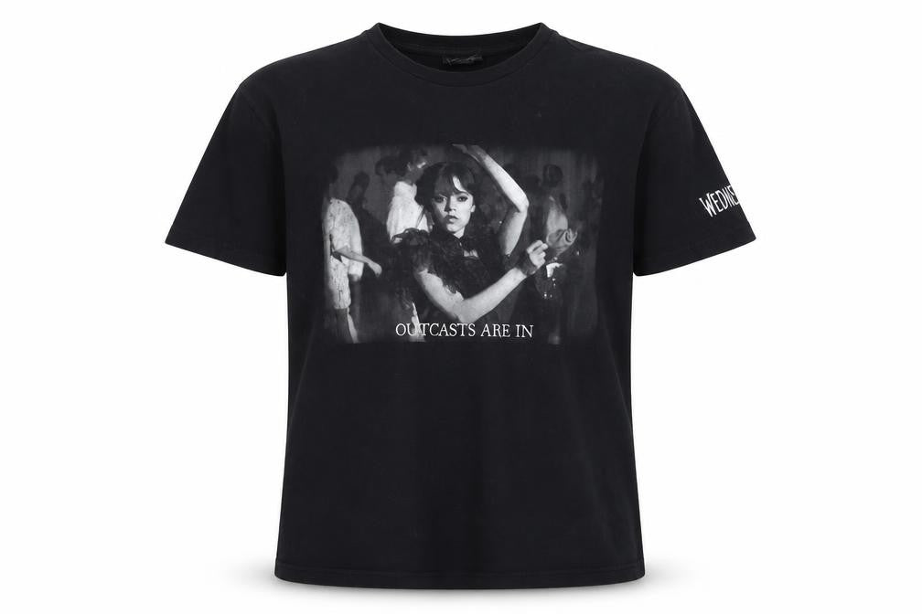 Front view of Wednesday girls’ black graphic t-shirt 10-11 years cotton gothic style