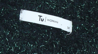 Tu Women Green Glitter Knit Relaxed Pullover Jumper Size 14
