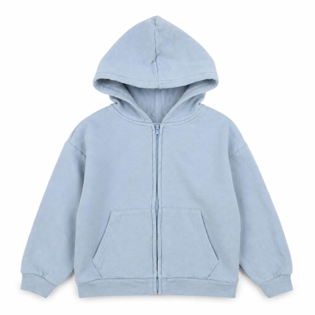Front view of H&M boys’ blue hooded full zip cotton blend jacket 5-6 years