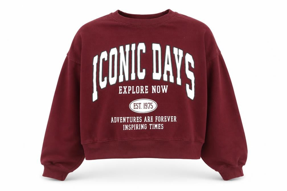Front view of Zara Teens Burgundy Iconic Days Graphic Pullover Sweatshirt, size 13-14