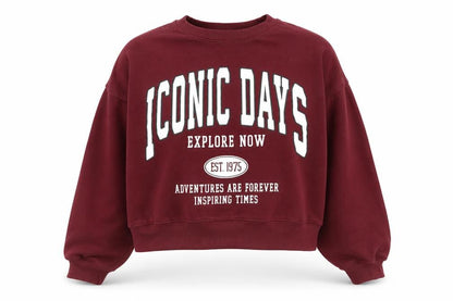 Front view of Zara Teens Burgundy Iconic Days Graphic Pullover Sweatshirt, size 13-14