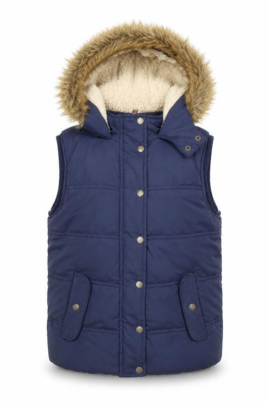 FatFace Girls Blue Faux Fur Hooded Puffer Gilet 10-11 Years