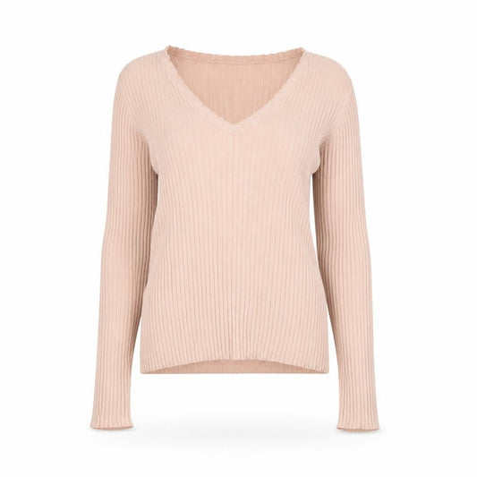Front view of French Connection women’s beige v-neck ribbed knit jumper, size S