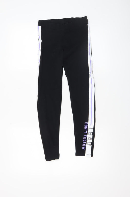 Marks and Spencer Girls Black Stretch Side Stripe Ankle Leggings 12-13 Years