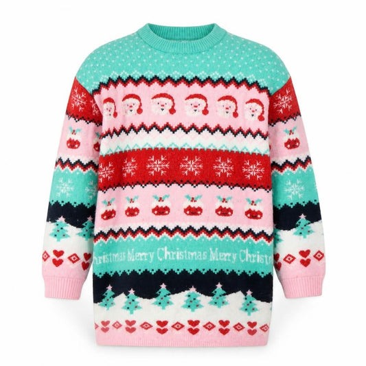 Front view of Dunnes girls’ multicoloured christmas jumper 9-10 years acrylic blend