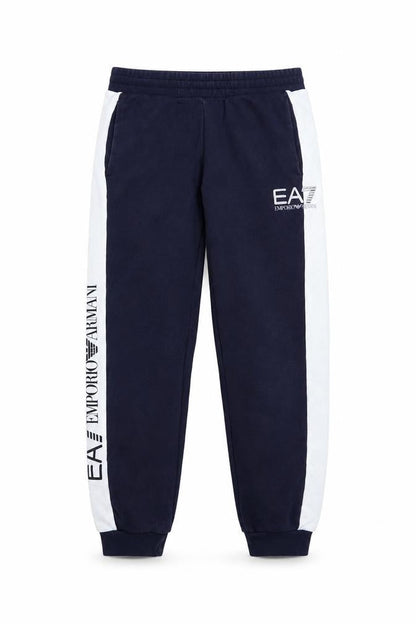 Front view of Emporio Armani boys’ blue jogger trousers 12 years cotton blend ea7 logo