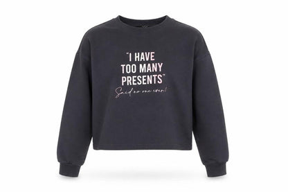 Front view of New Look girls’ black pullover sweatshirt 10-11 years funny quote print