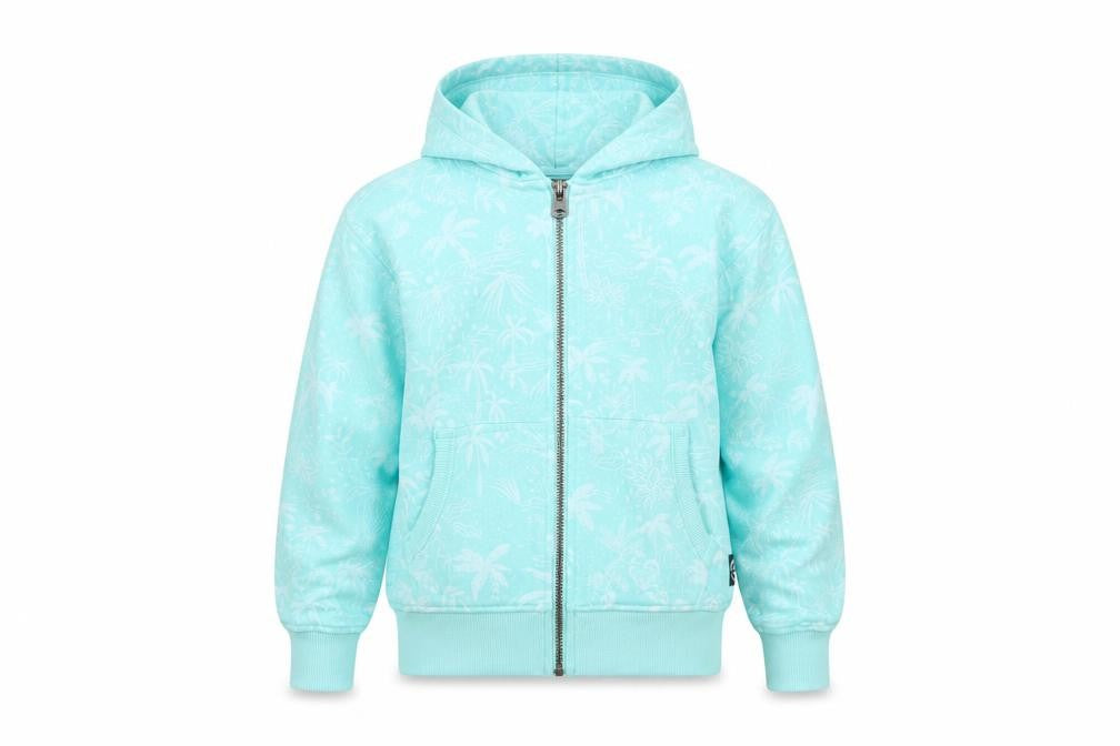 Front view of Saltrock girls’ blue full zip hoodie 7-8 years tropical print cotton