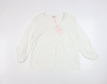 Emily & Me Women White V-Neck Long Sleeve Blouse Size 14