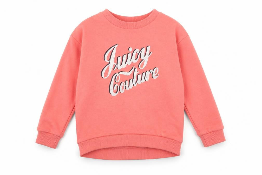 Front view of Juicy Couture girls’ pink logo pullover sweatshirt 2 years long sleeve