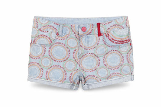 Front view of Desigual girls’ blue geometric denim hot pants shorts 13-14 years